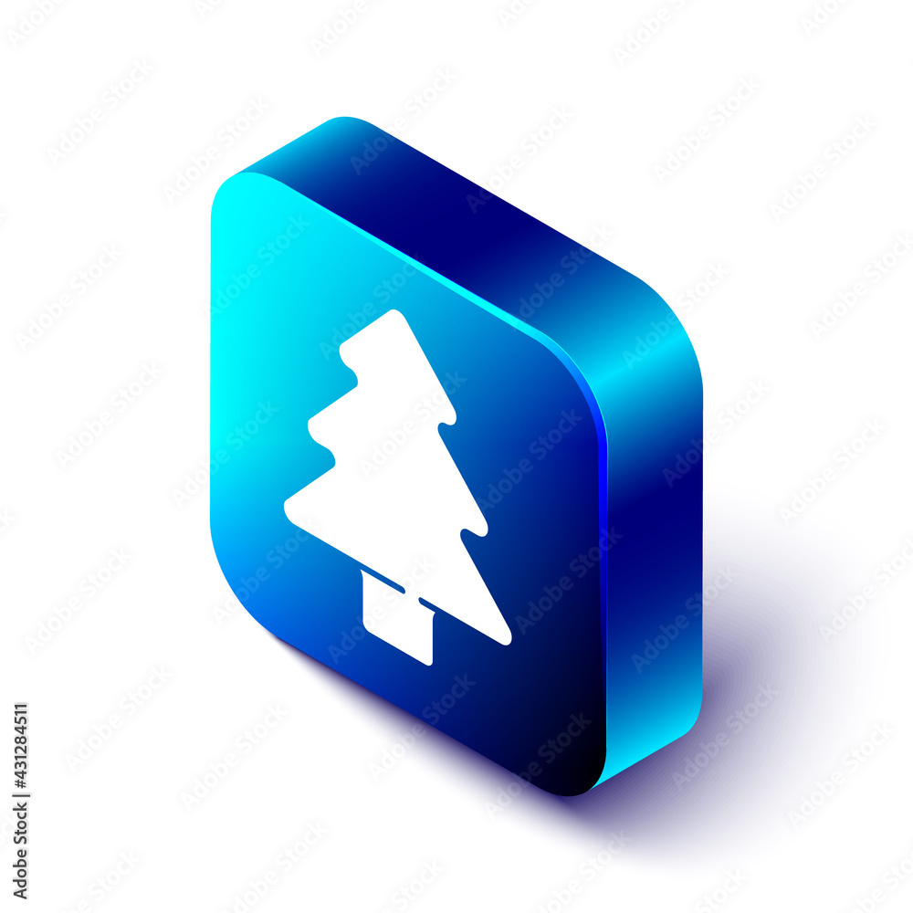 Isometric Tree icon isolated on white background. Forest symbol. Blue square button. Vector