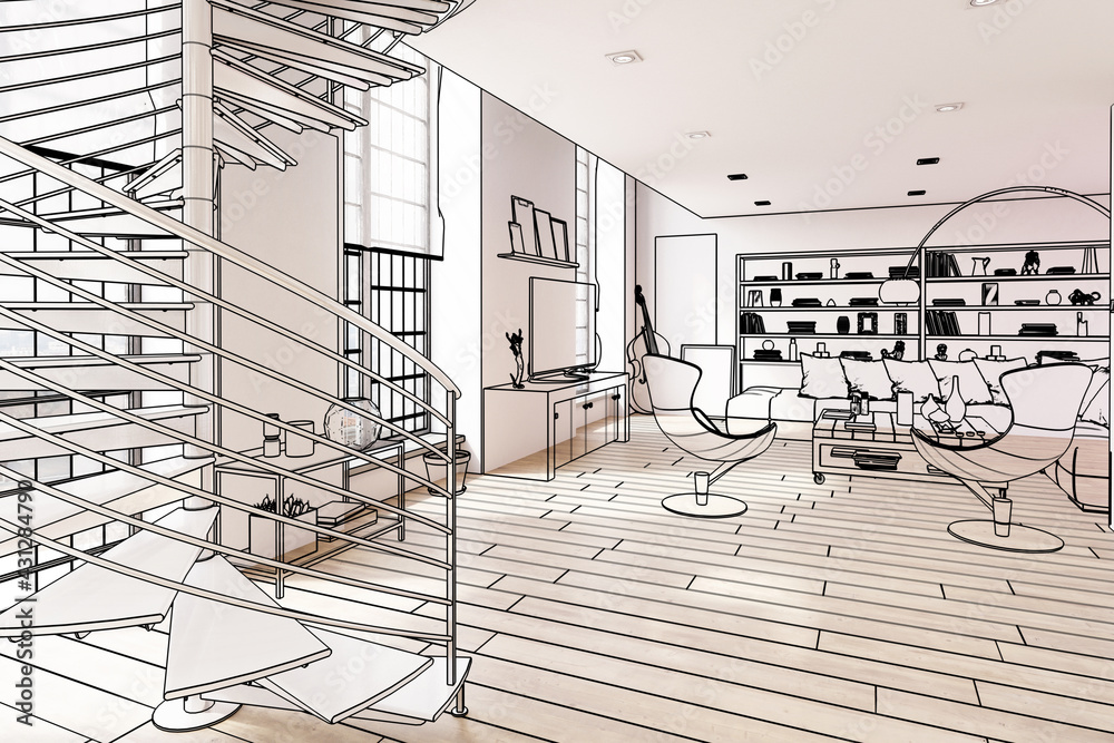 Modern Residential Loft Interior Design (sketch) - 3d visualization