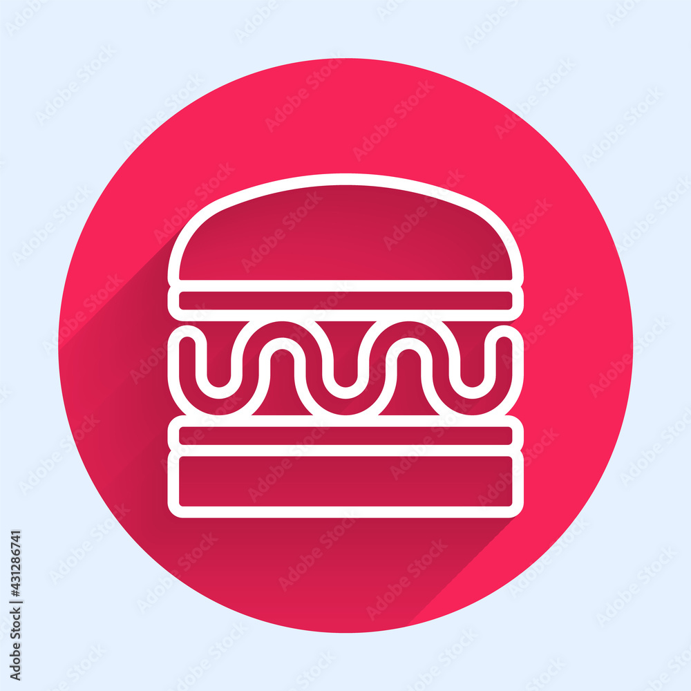 White line Burger icon isolated with long shadow. Hamburger icon. Cheeseburger sandwich sign. Fast f