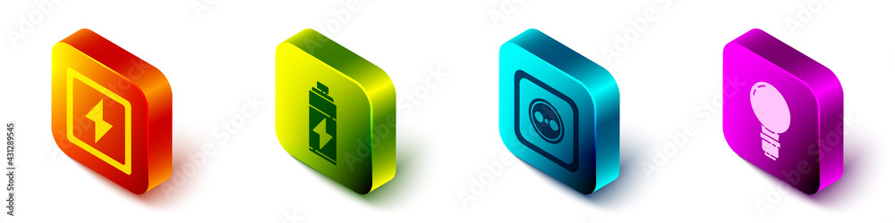 Set Isometric Lightning bolt, Battery, Electrical outlet and Light bulb with concept of idea icon. V