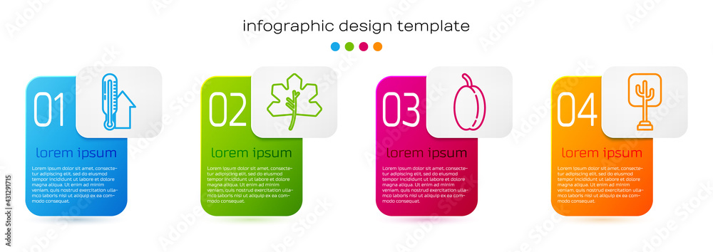 Set line Meteorology thermometer, Leaf or leaves, Plum fruit and Tree. Business infographic template