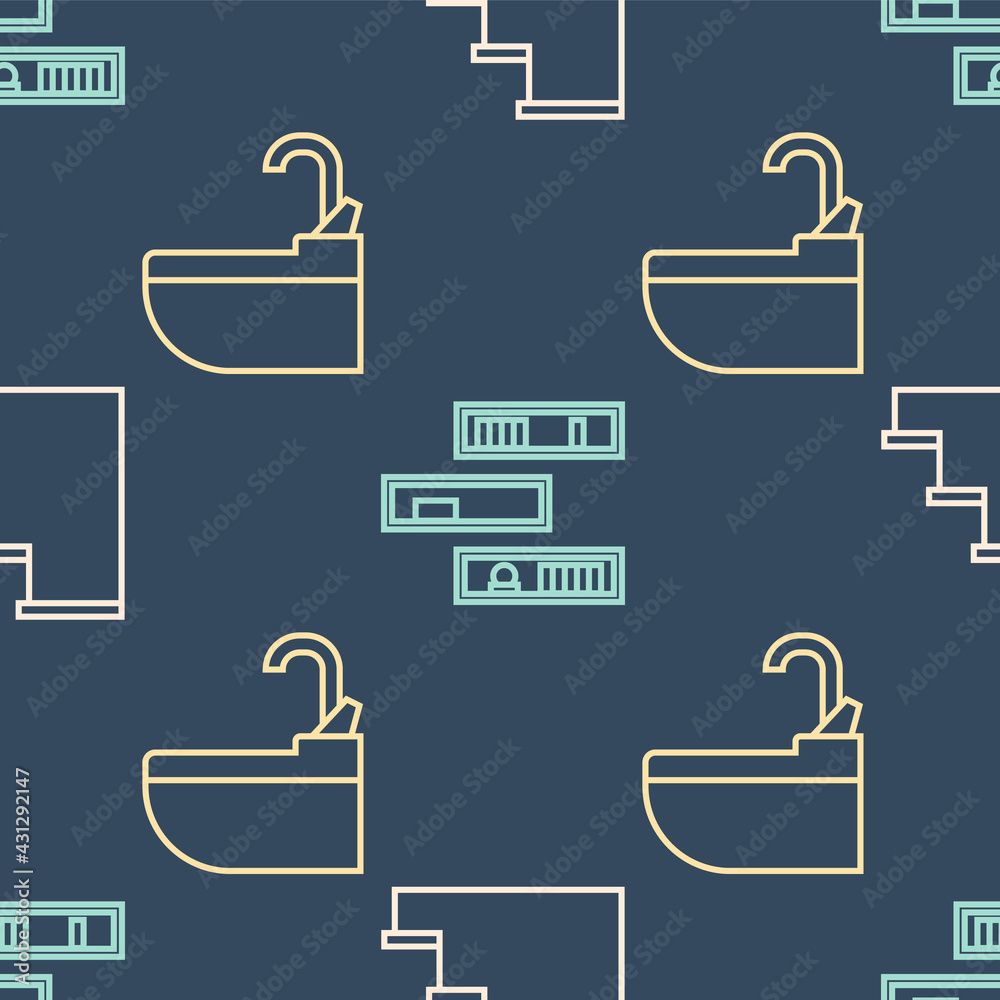 设置线楼梯、带水龙头的洗手盆和带无缝图案书籍的书架。矢量