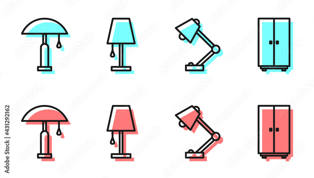 Set line Table lamp, Table lamp, Table lamp and Wardrobe icon. Vector