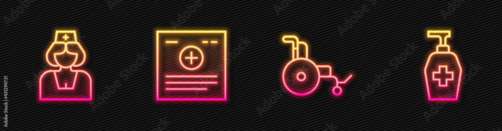 Set line Wheelchair, Nurse, Clinical record and Liquid antibacterial soap. Glowing neon icon. Vector