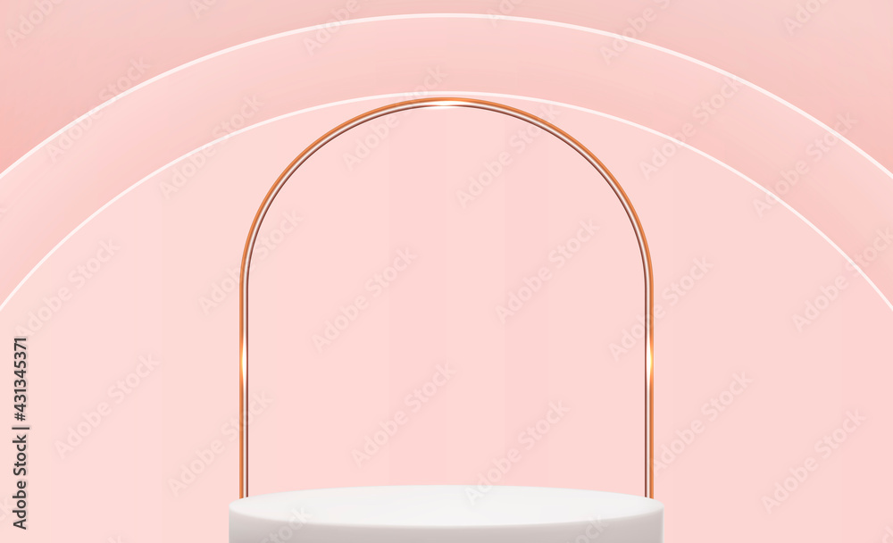 Realistic 3d pedestal over pink circle background. Trendy empty podium display for ads cosmetic prod