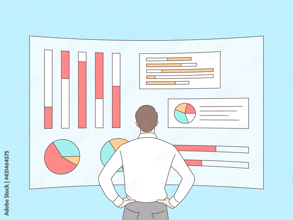 Statistics, business and finance concept.  Businessman analysts on holographic charts and diagrams o