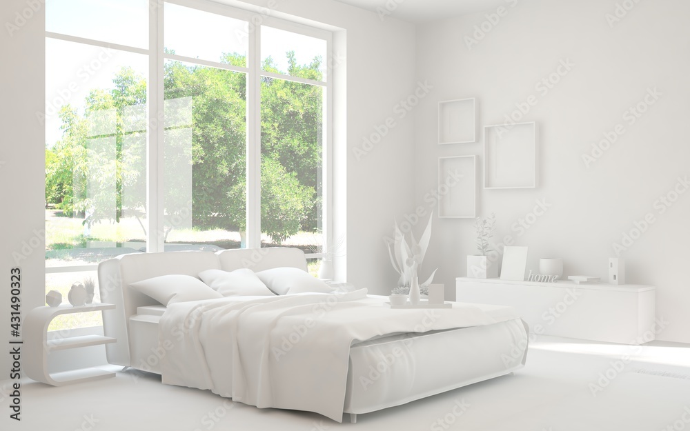 White stylish minimalist bedroom with summer landscape in window. Scandinavian interior design. 3D i