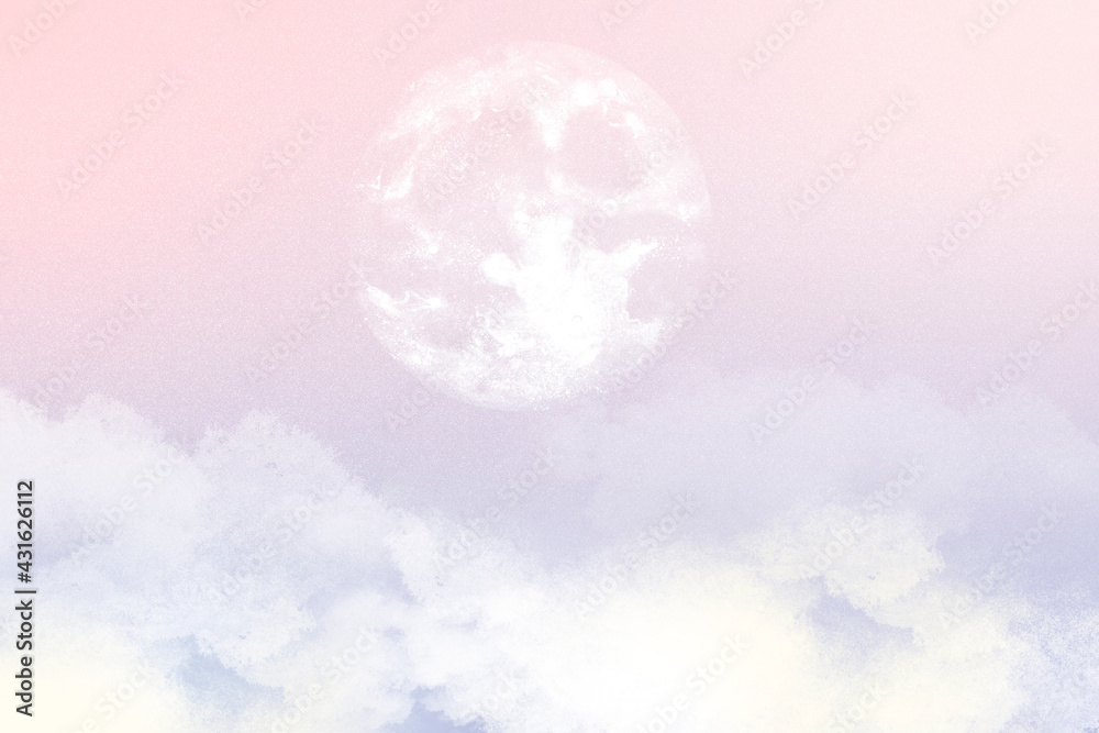 Aesthetic sky background with moon and clouds in pink