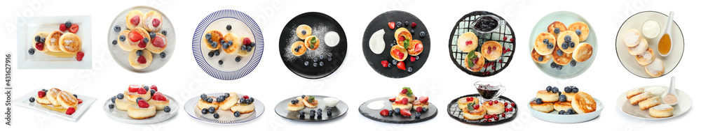 Plates with tasty cottage cheese pancakes on white background