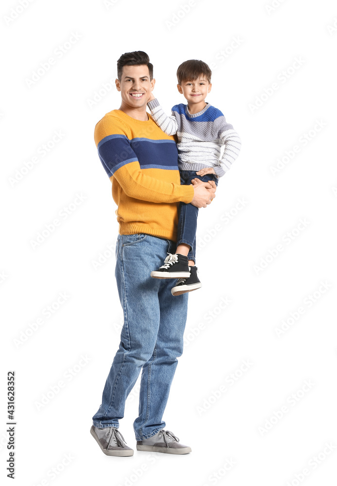 Happy father and his little son on white background