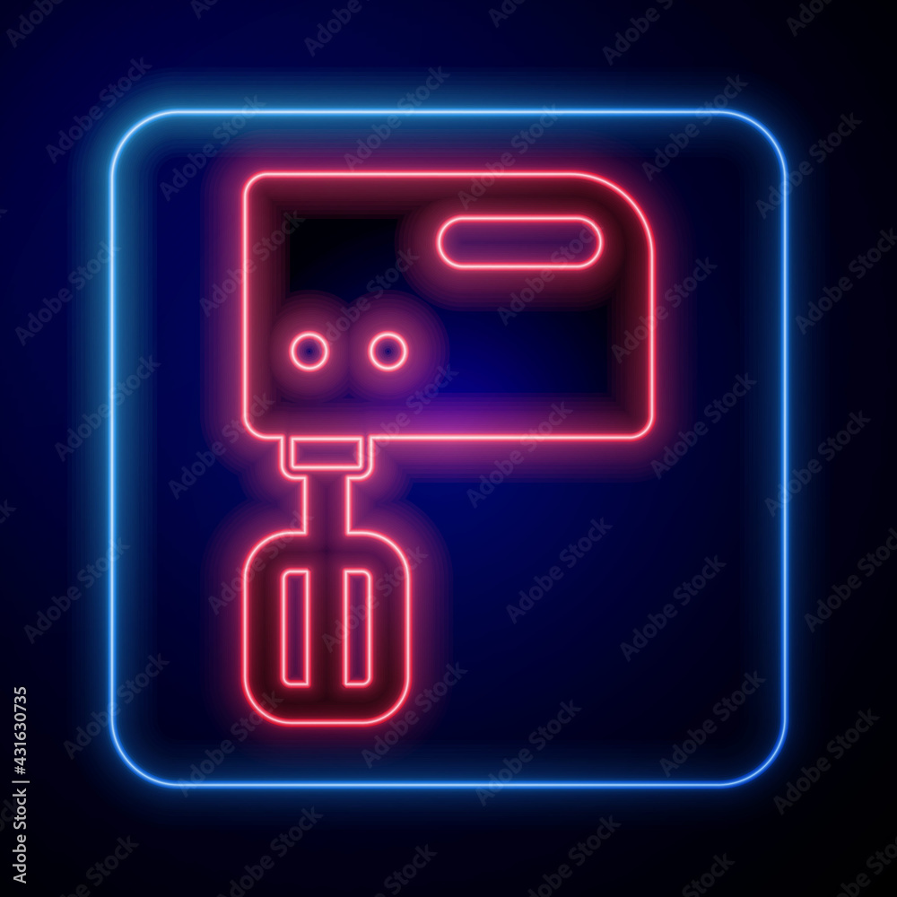 Glowing neon Electric mixer icon isolated on black background. Kitchen blender. Vector