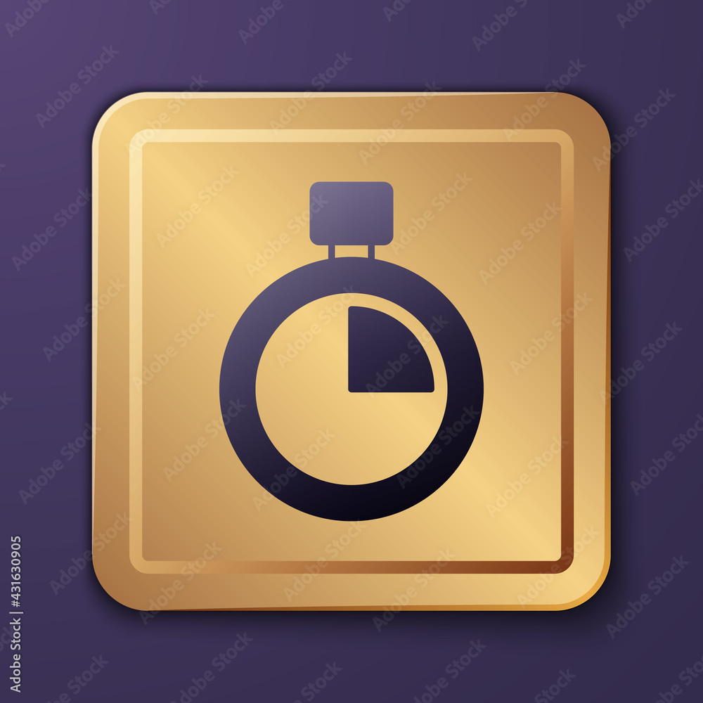 Purple Stopwatch icon isolated on purple background. Time timer sign. Chronometer sign. Gold square 