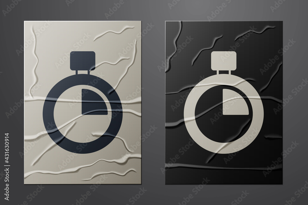 White Stopwatch icon isolated on crumpled paper background. Time timer sign. Chronometer sign. Paper