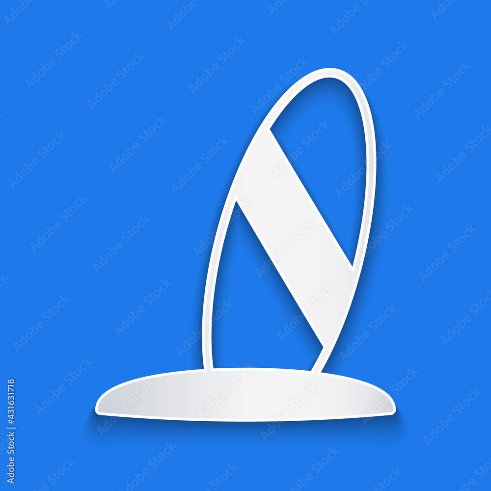 Paper cut Surfboard icon isolated on blue background. Surfing board. Extreme sport. Sport equipment.