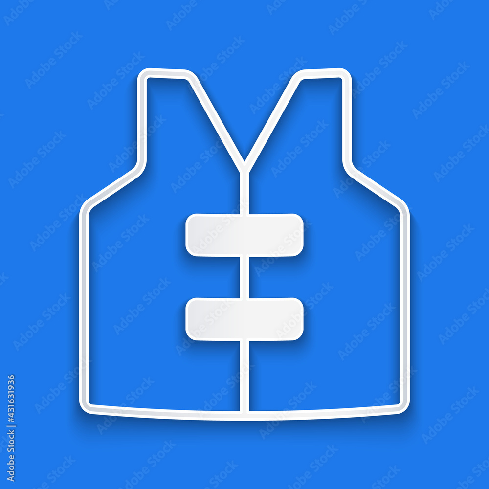 Paper cut Life jacket icon isolated on blue background. Life vest icon. Extreme sport. Sport equipme