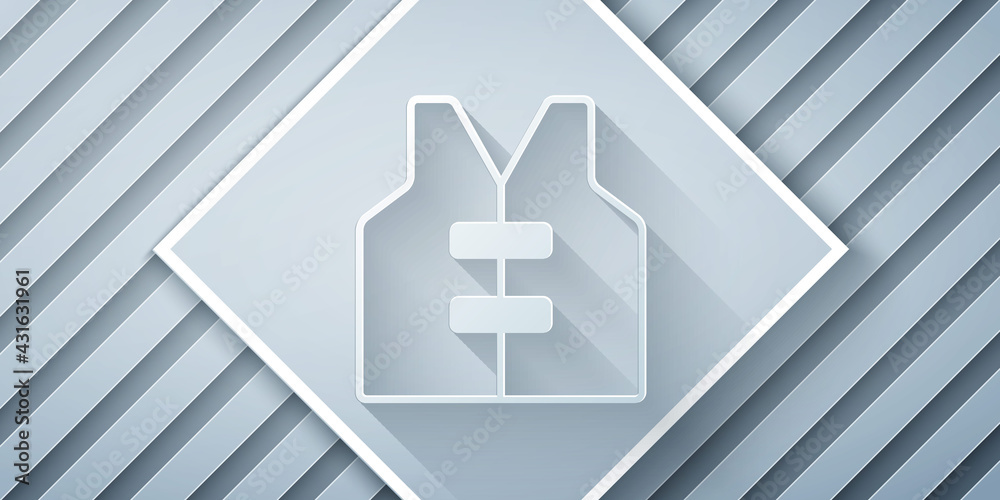 Paper cut Life jacket icon isolated on grey background. Life vest icon. Extreme sport. Sport equipme