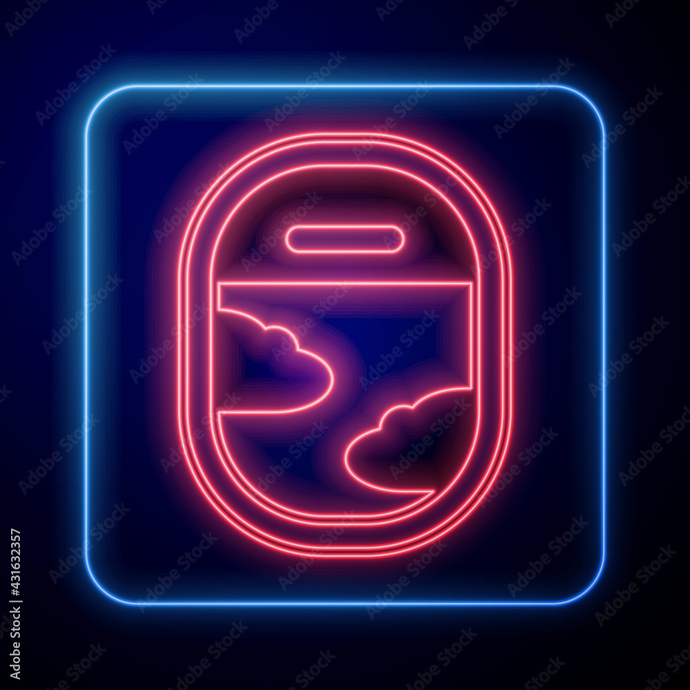 Glowing neon Airplane window icon isolated on black background. Aircraft porthole. Vector