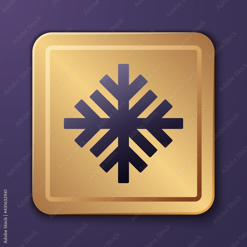 Purple Snowflake icon isolated on purple background. Gold square button. Vector