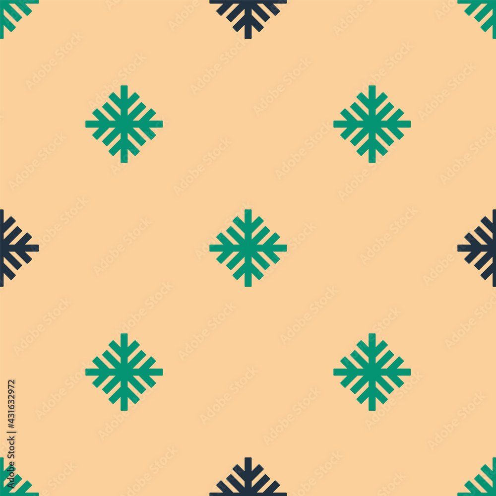 Green and black Snowflake icon isolated seamless pattern on beige background. Vector