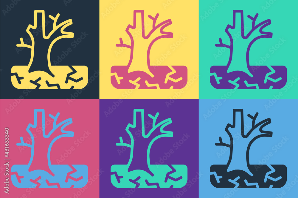 Pop art Withered tree icon isolated on color background. Bare tree. Dead tree silhouette. Vector