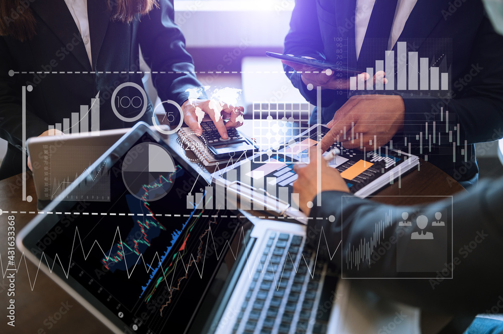 Three stock traiders making analysis of digital market and investment in block