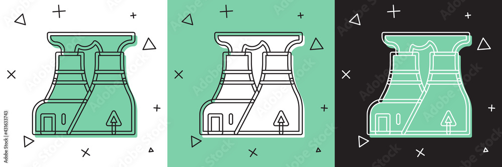 将核电站图标隔离在白、绿、黑背景上。能源工业概念