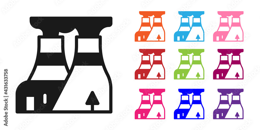白色背景上隔离的黑色核电站图标。能源工业概念。将图标设置为co