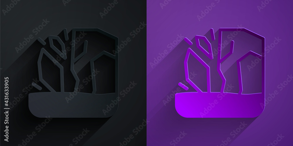 Paper cut Glacier melting icon isolated on black on purple background. Paper art style. Vector