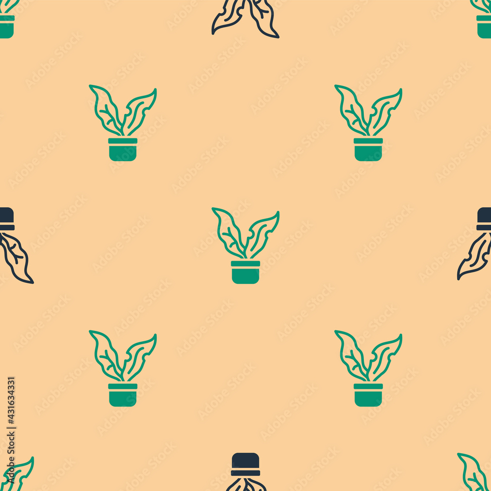 Green and black Plant in pot icon isolated seamless pattern on beige background. Plant growing in a 