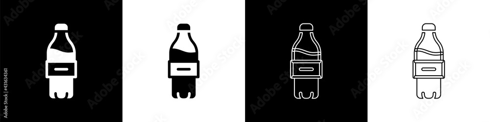 Set Bottle of water icon isolated on black and white background. Soda aqua drink sign. Vector