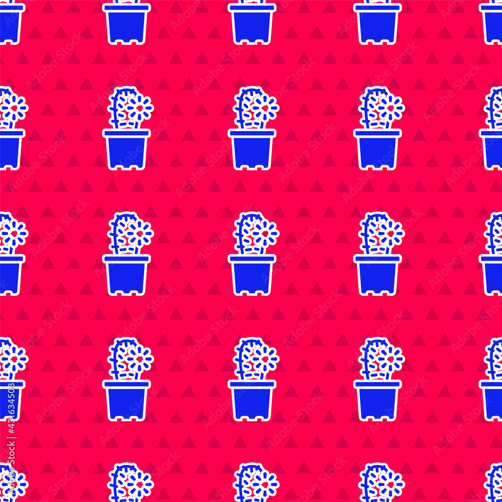 Blue Cactus peyote in pot icon isolated seamless pattern on red background. Plant growing in a pot. 