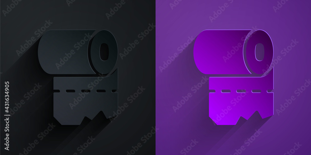 Paper cut Toilet paper roll icon isolated on black on purple background. Paper art style. Vector