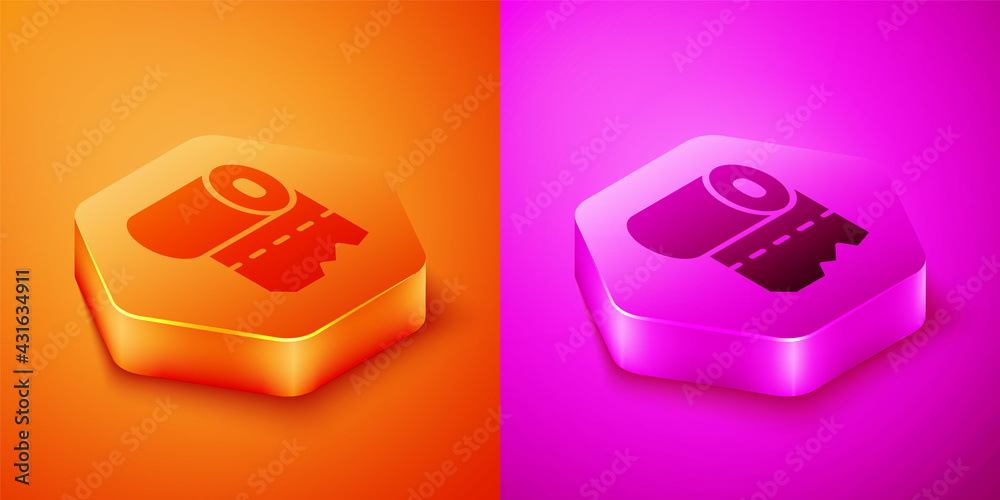 Isometric Toilet paper roll icon isolated on orange and pink background. Hexagon button. Vector