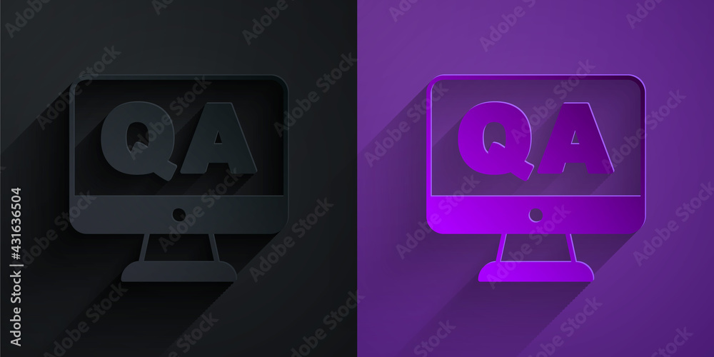 Paper cut Speech bubbles with Question and Answer icon isolated on black on purple background. Q and