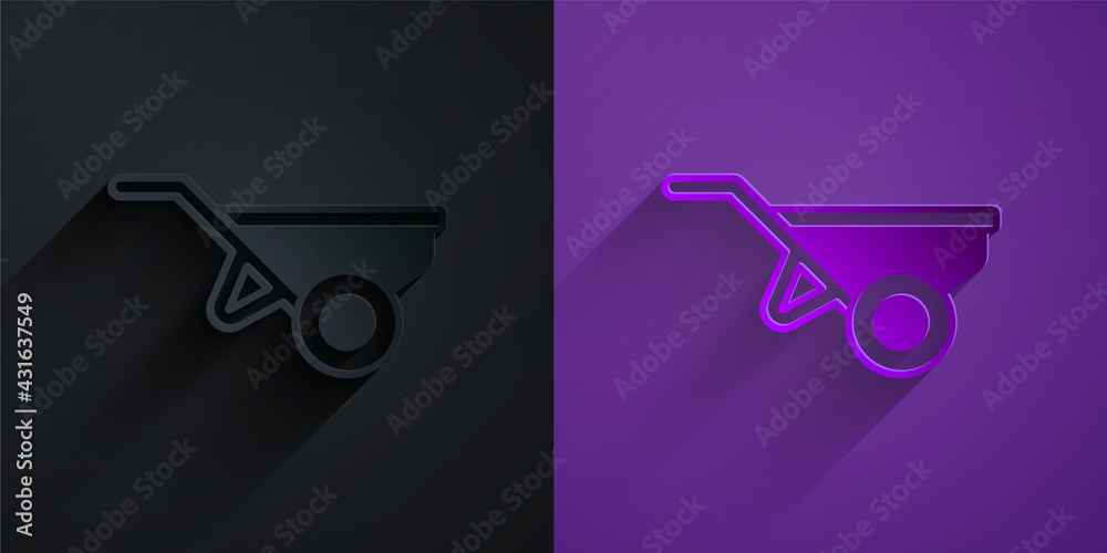 Paper cut Wheelbarrow with dirt icon isolated on black on purple background. Tool equipment. Agricul