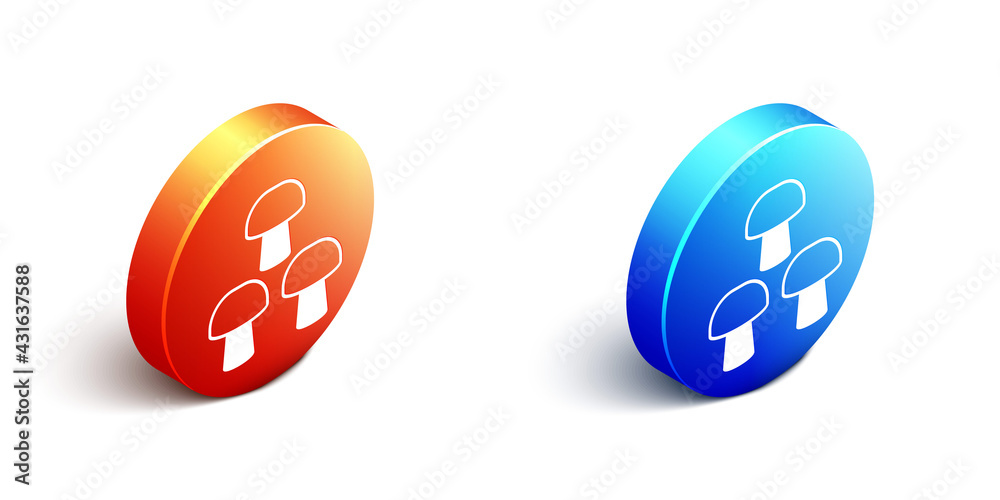 Isometric Mushroom icon isolated on white background. Orange and blue circle button. Vector