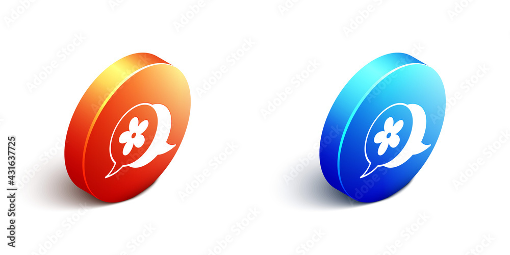 Isometric Flower icon isolated on white background. Orange and blue circle button. Vector