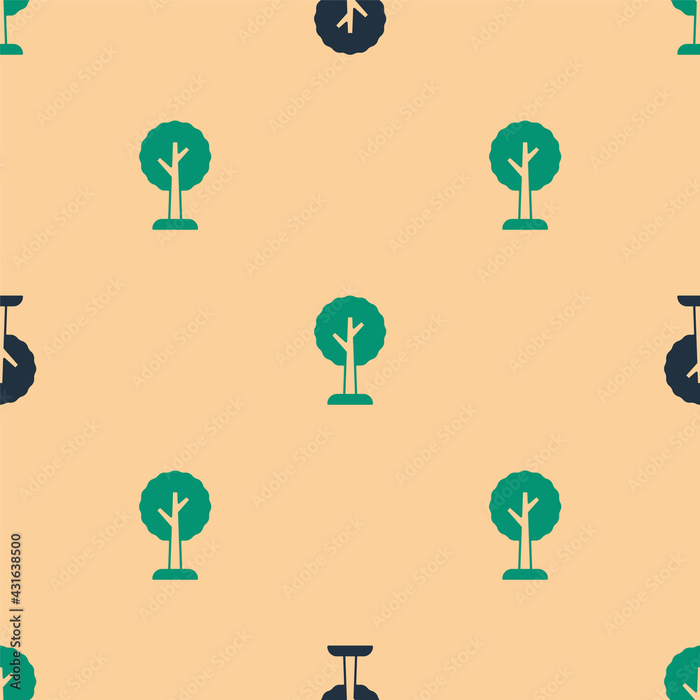 Green and black Tree icon isolated seamless pattern on beige background. Forest symbol. Vector