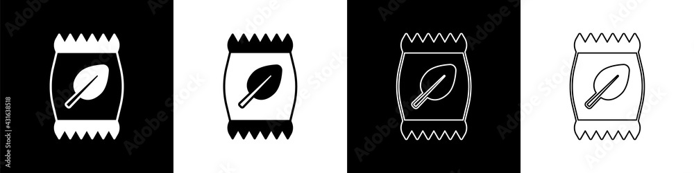 Set Fertilizer bag icon isolated on black and white background. Vector