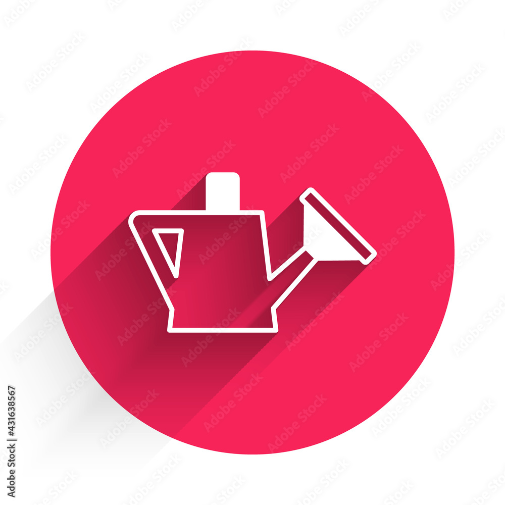 White Watering can icon isolated with long shadow. Irrigation symbol. Red circle button. Vector