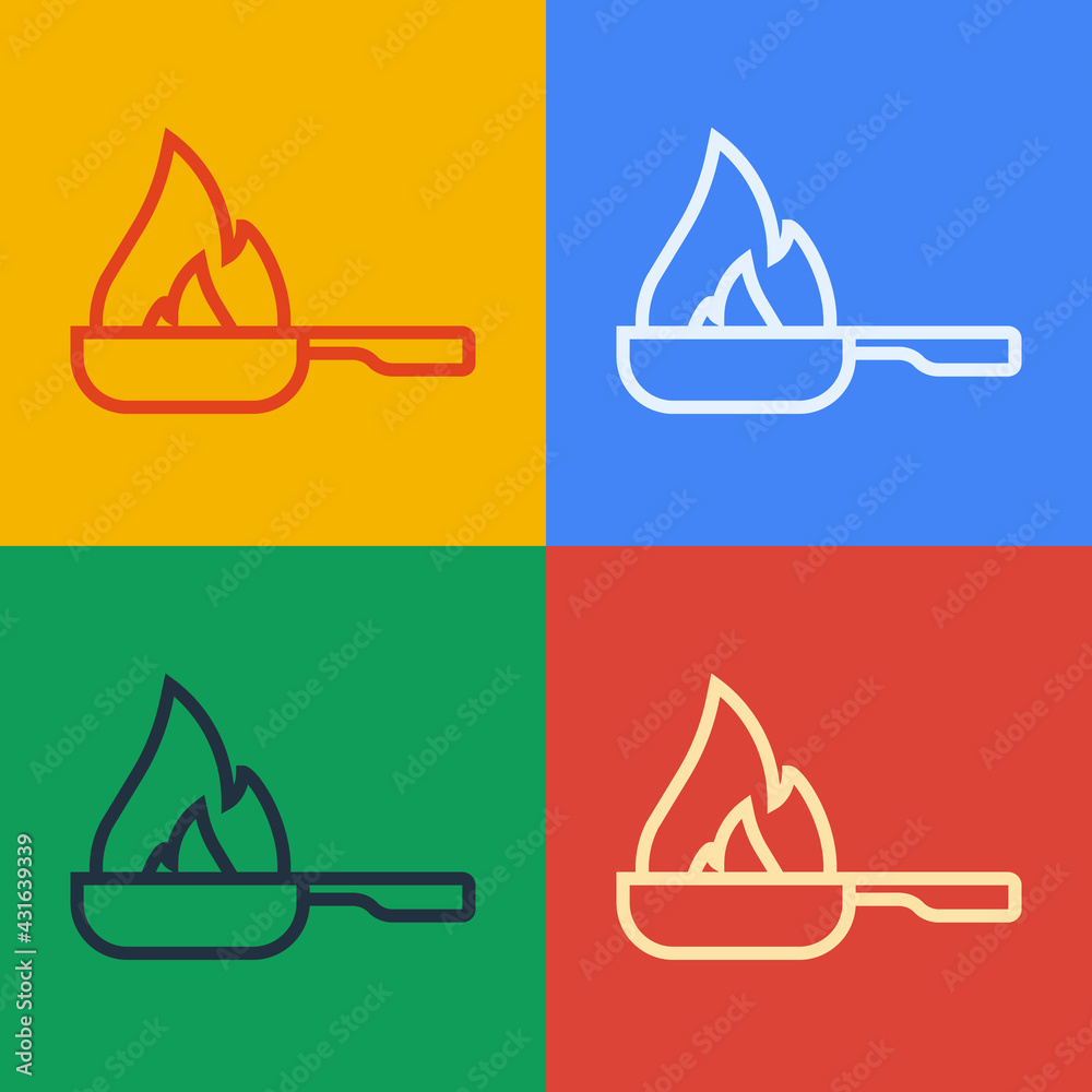 Pop art line Frying pan icon isolated on color background. Fry or roast food symbol. Vector