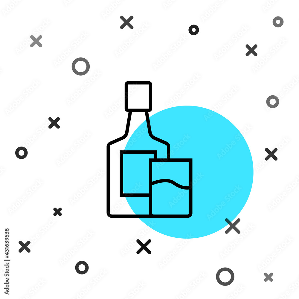 Black line Whiskey bottle and glass icon isolated on white background. Random dynamic shapes. Vector