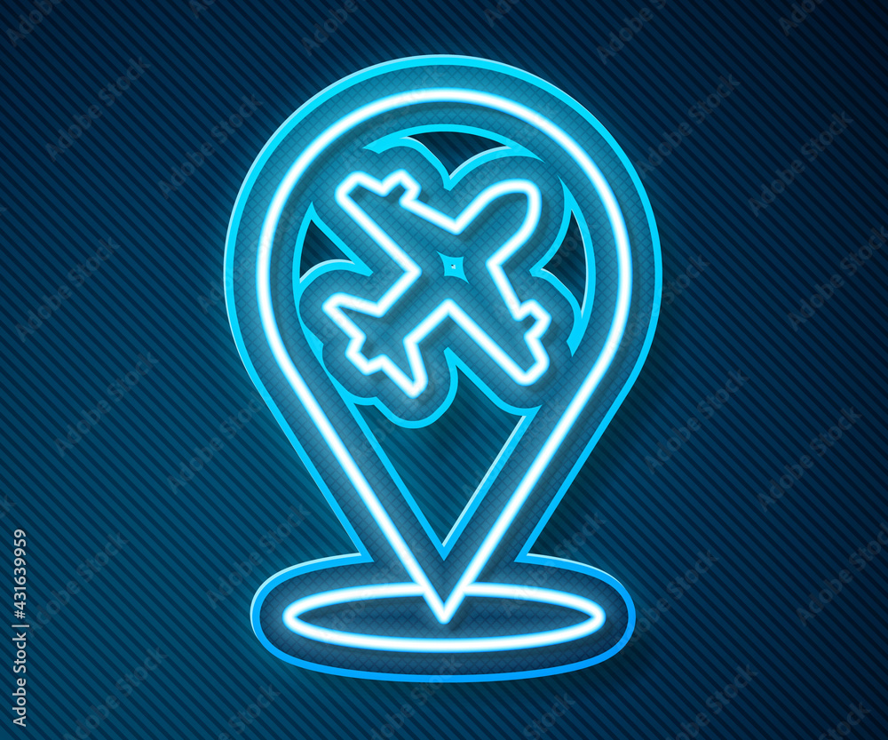 Glowing neon line Plane icon isolated on blue background. Flying airplane icon. Airliner sign. Vecto