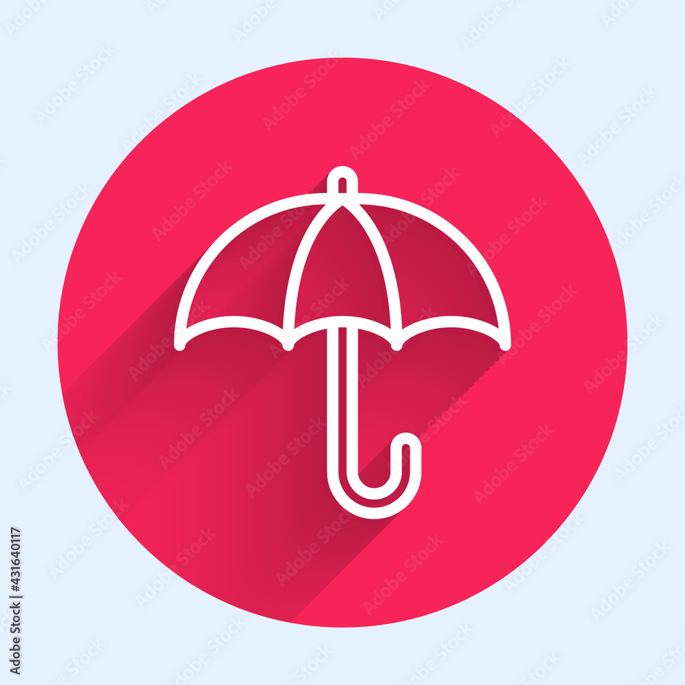 White line Classic elegant opened umbrella icon isolated with long shadow. Rain protection symbol. R