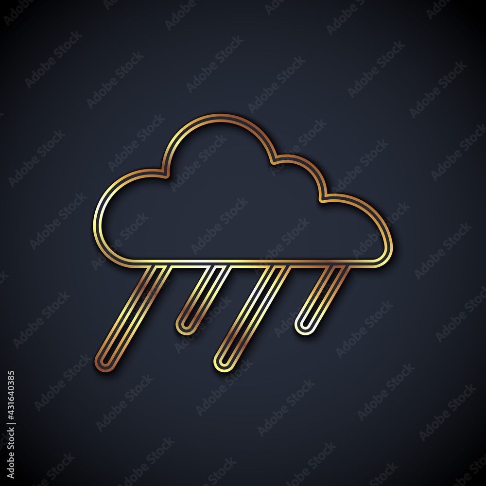 Gold line Cloud with rain icon isolated on black background. Rain cloud precipitation with rain drop