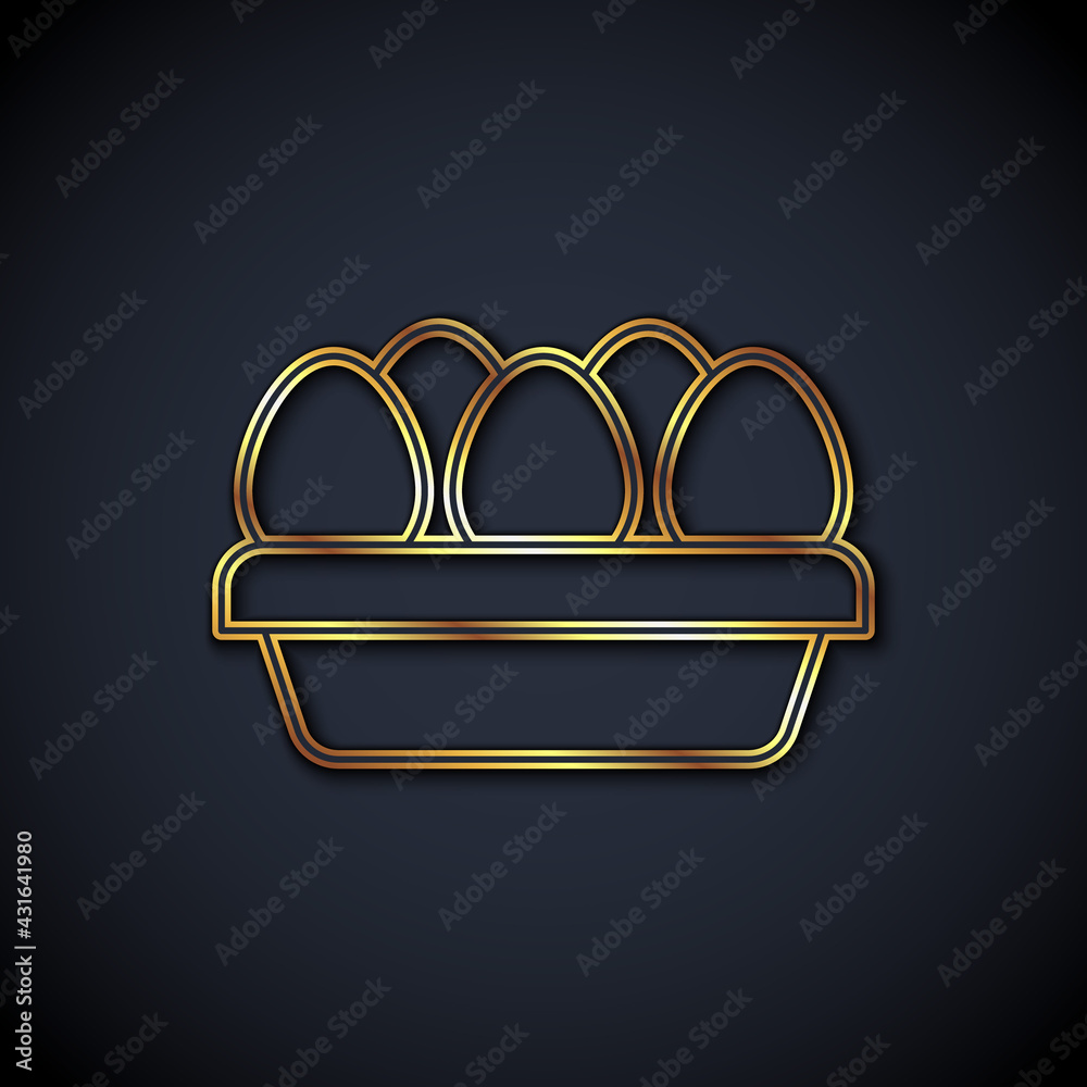 Gold line Chicken egg in box icon isolated on black background. Vector