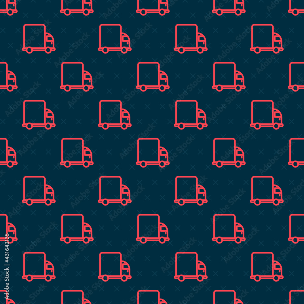 Red line Delivery cargo truck vehicle icon isolated seamless pattern on black background. Vector