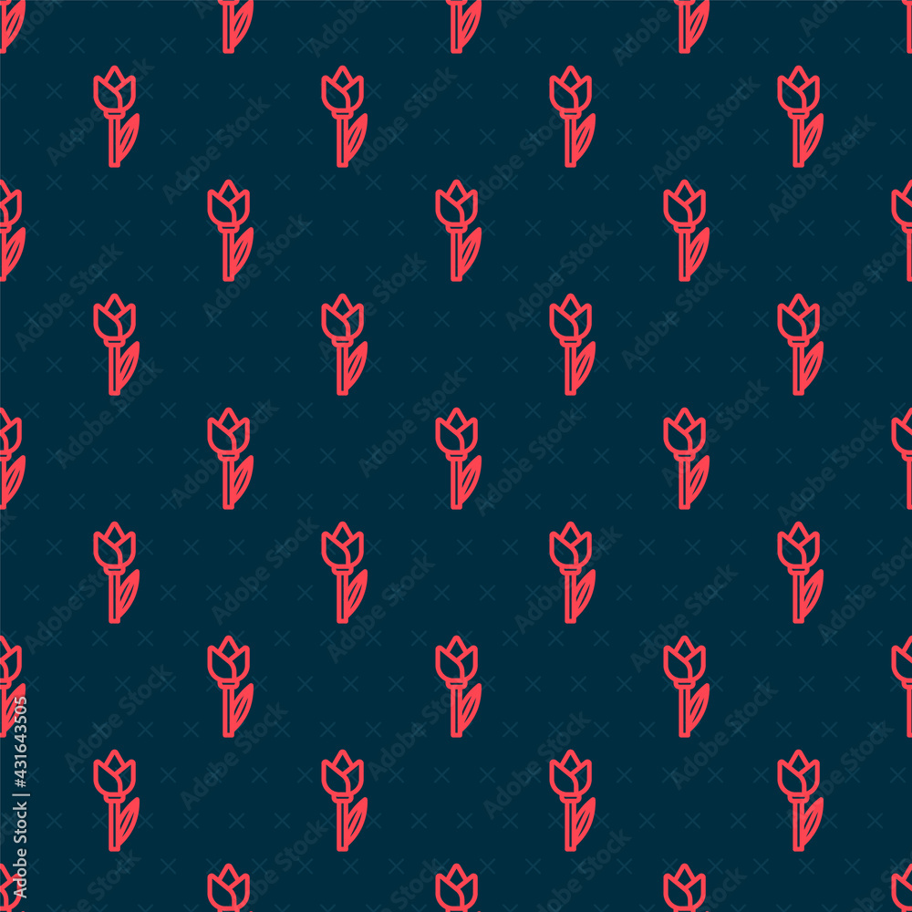 Red line Flower tulip icon isolated seamless pattern on black background. Vector