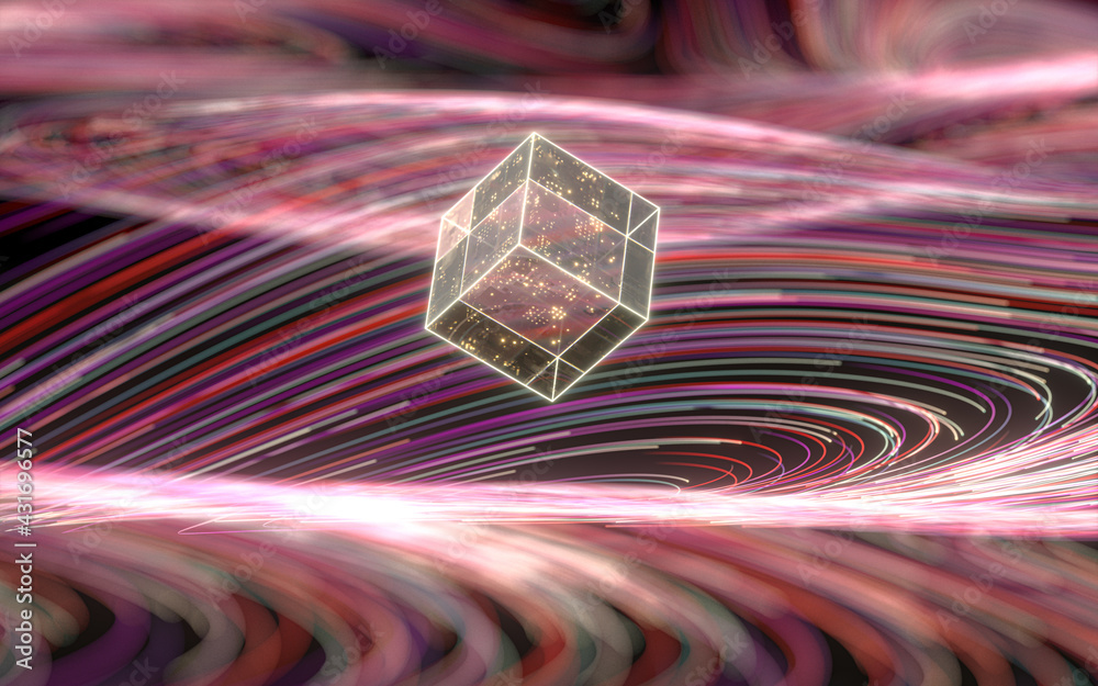 Magic glass cube, fantasy wave pattern, 3d rendering.