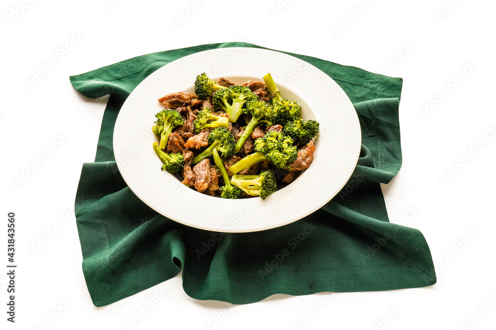 Plate with tasty beef and broccoli on white background